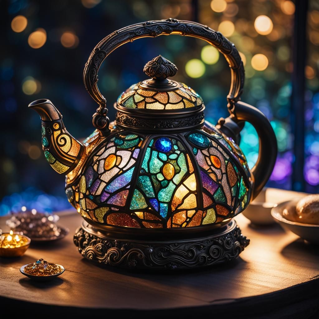 Ornate Stained Glass Kettle Pouring Cosmic Liquid
