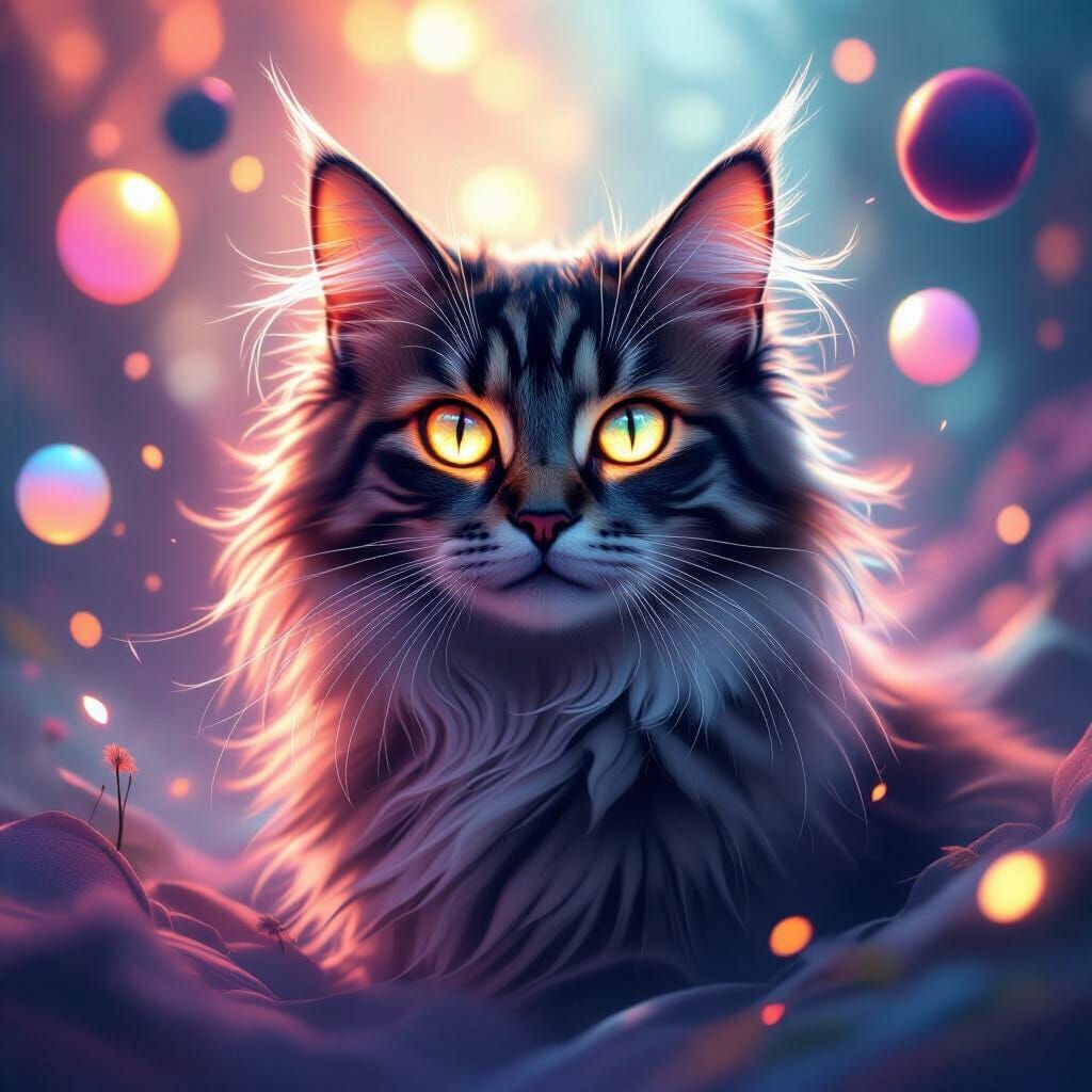 Cat Portrait with Glowing Eyes in Fantasy Art Style