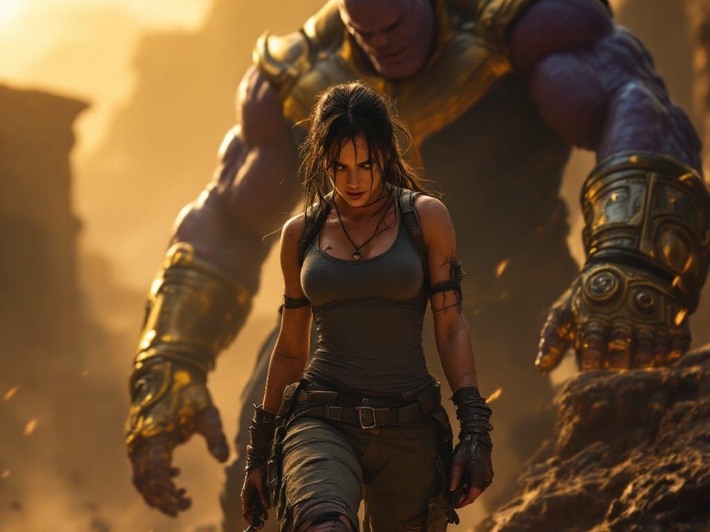 Lara Croft Triumphs Over Thanos in Ancient Temple