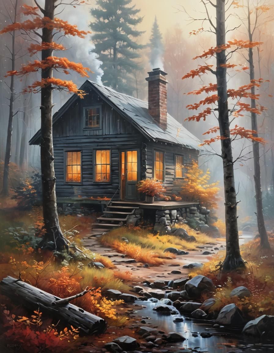 Secluded Cabin in Autumn Mist: An Oil Painting