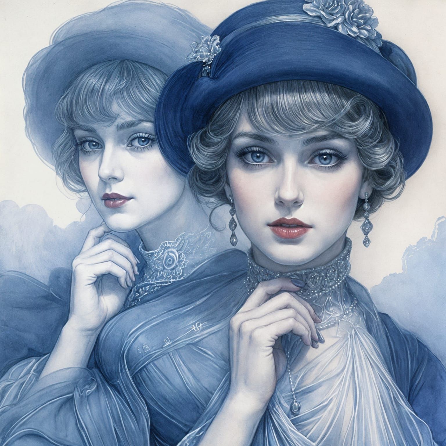 Ethereal Portrait in Blue and White Watercolor