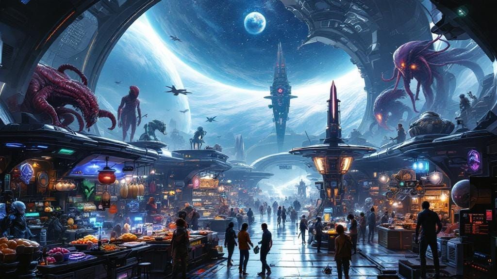 Futuristic Alien Market on Space Station in Cyberpunk Style