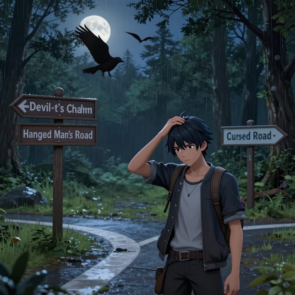 Confused Man at Dusk Crossroads in Cursed Forest