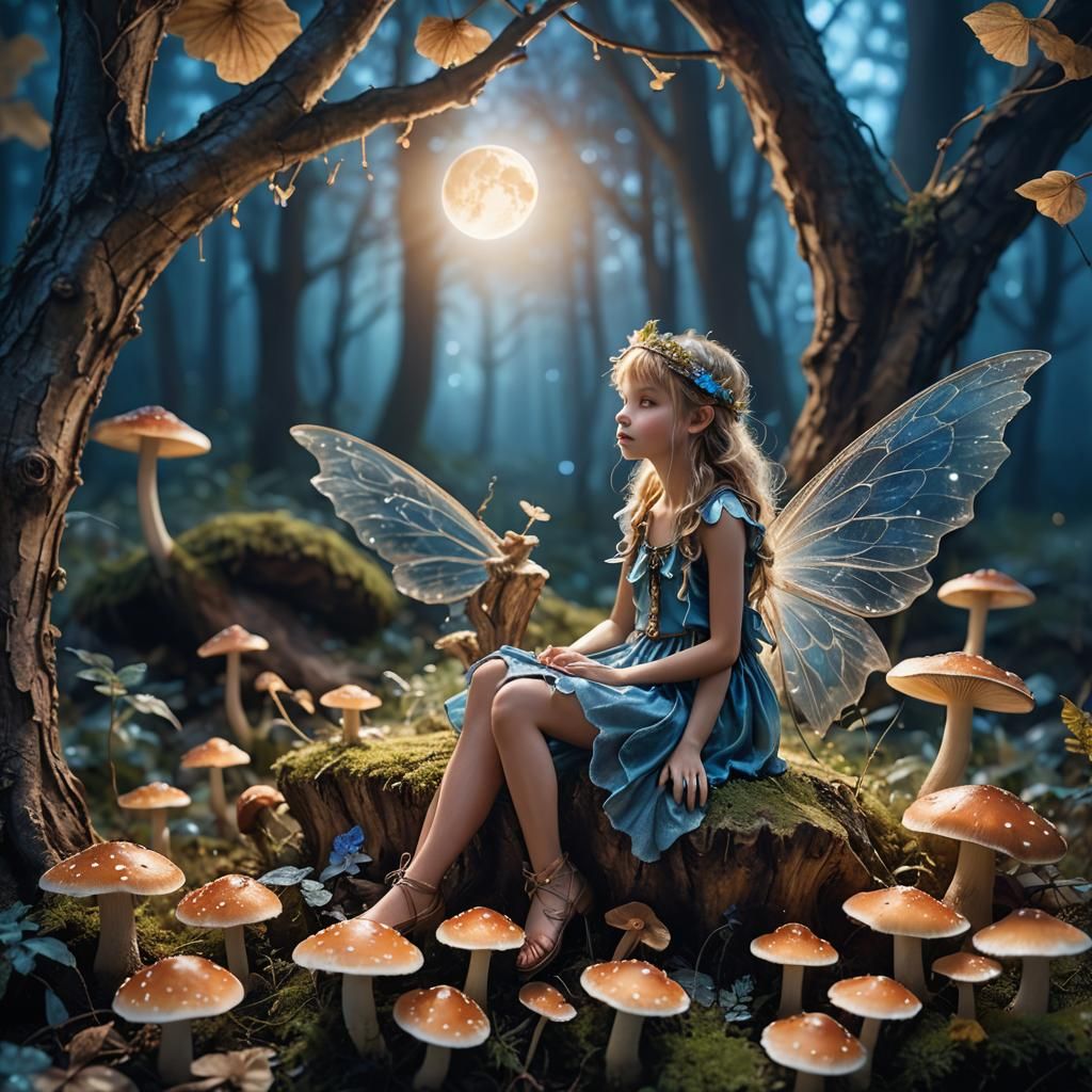 Enchanted Forest Fairy on Mushroom in Macro Photography