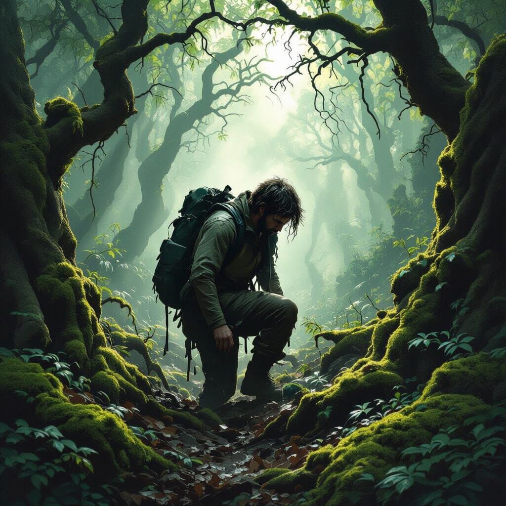 Lost Hiker in Ancient Forest