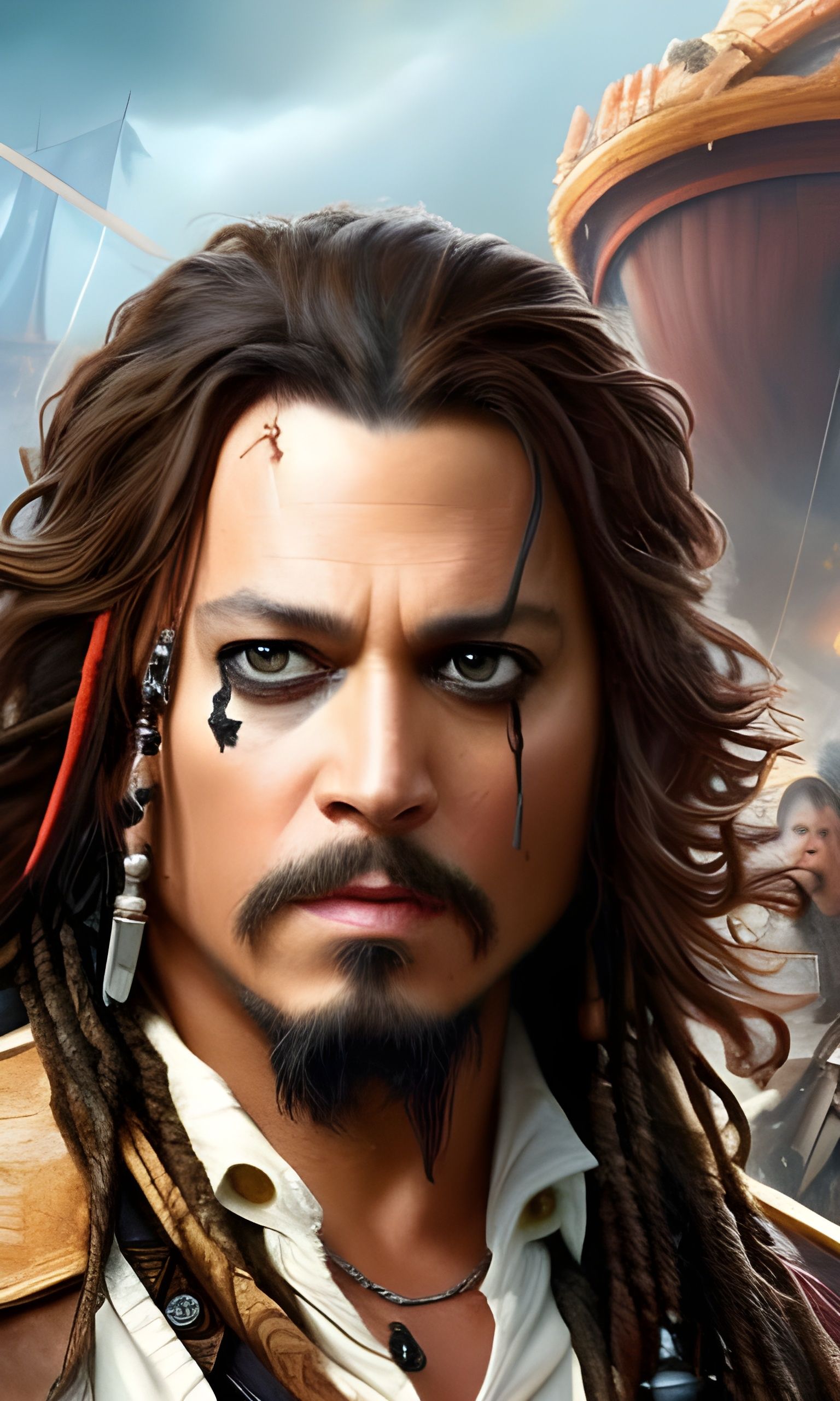 High definition ultra detailed portrait of a Johnny Depp as captain Jack Sparrow. Oil illustration by Greg Rutkowski, Ar...