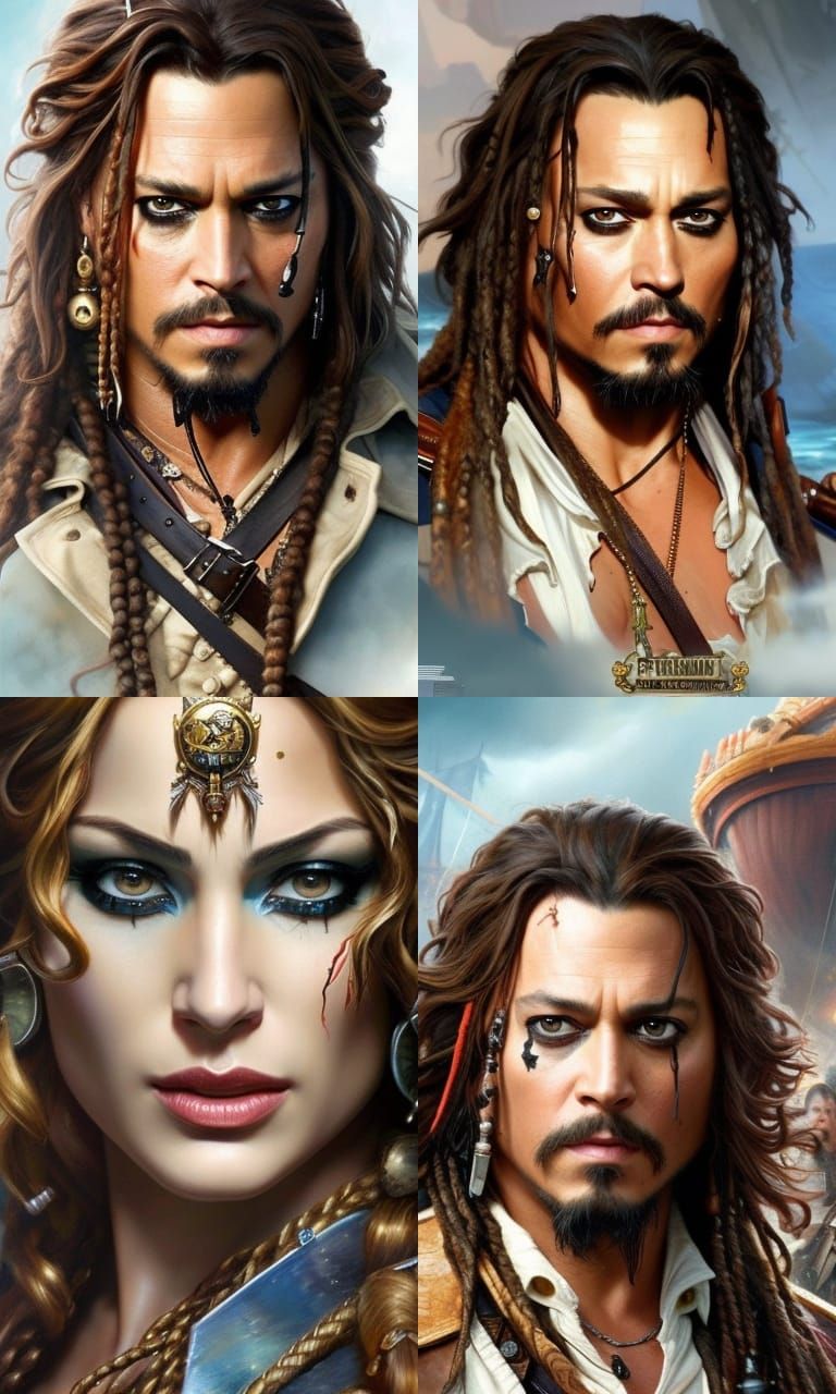 High definition ultra detailed portrait of a Johnny Depp as captain Jack Sparrow. Oil illustration by Greg Rutkowski, Ar...