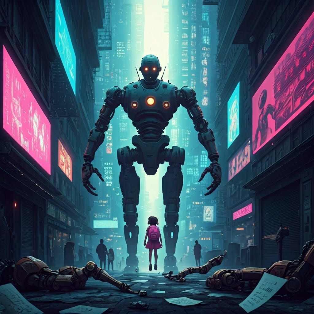 Cyberpunk Robot Nanny in Futuristic Cityscape with Curious G...