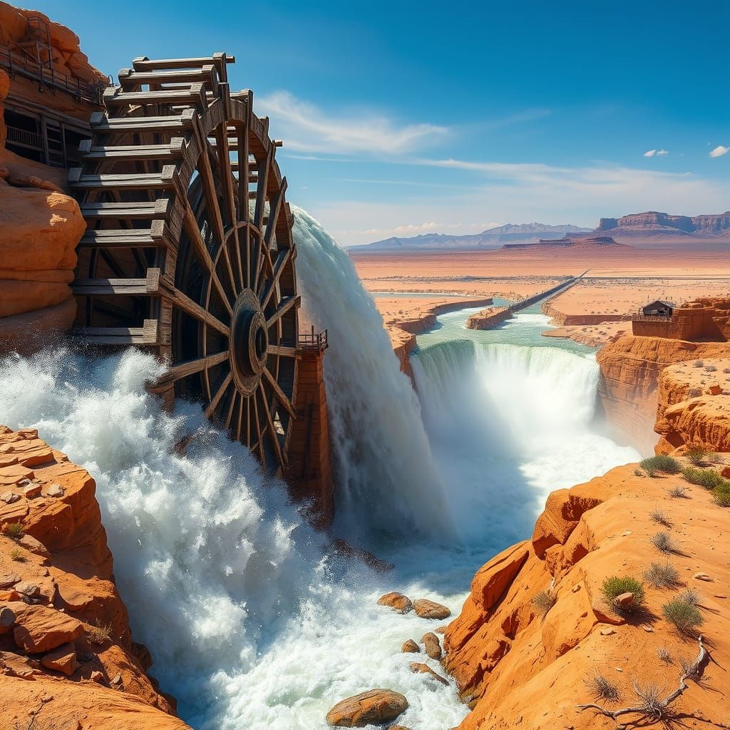 Colossal Water Wheel Amidst Desert Waterfall in Hyper-Realis...