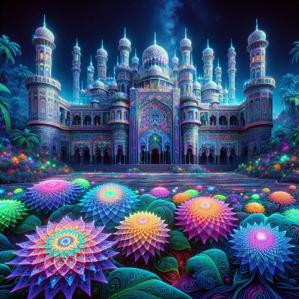 Majestic Arabian Gothic Palace Shines in Tropical Night