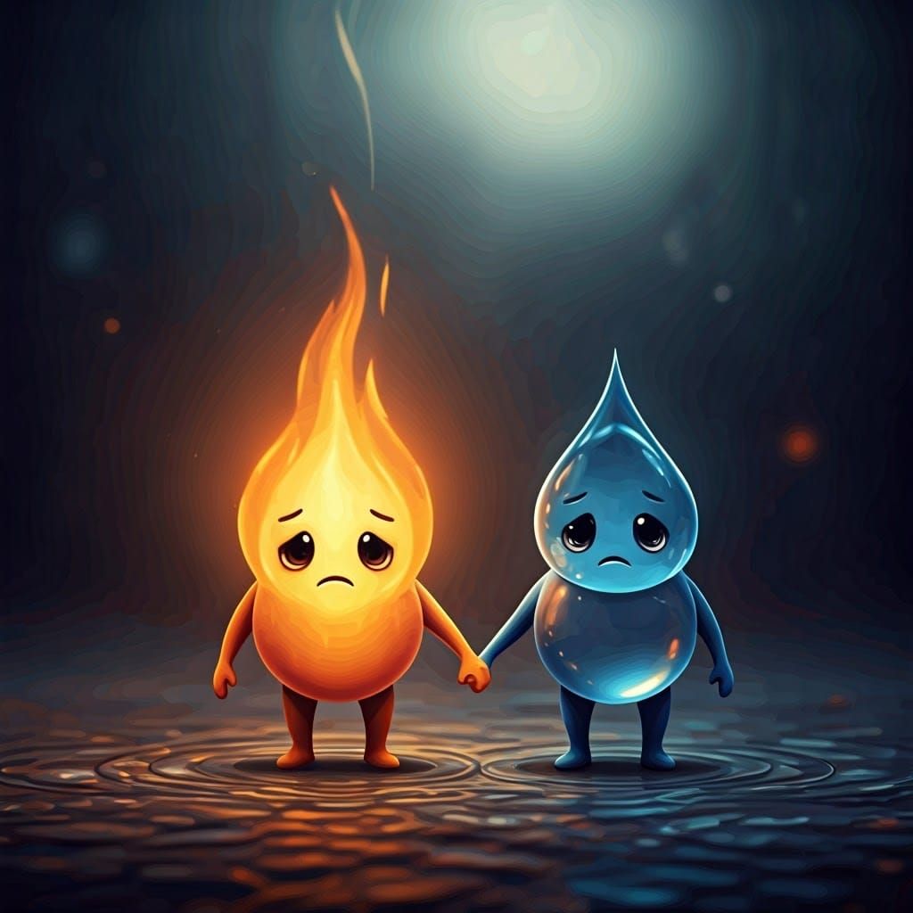 Flame and Water Droplet Hand-Holding: Digital Art