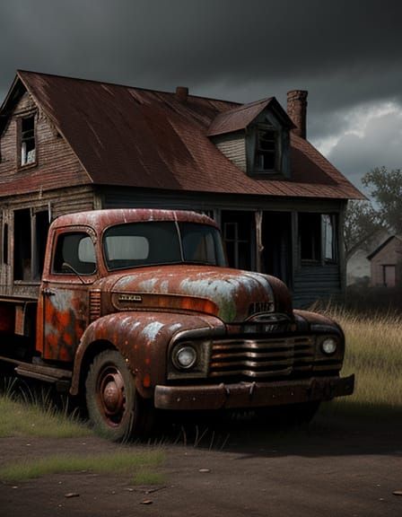 Realistic Oil Painting of Abandoned House and Truck in Rainy...