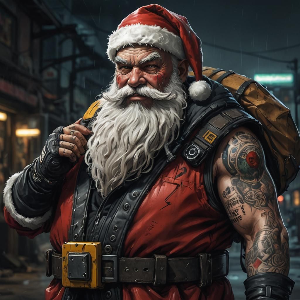 Cyberpunk Santa Claus in a Gritty, Graffiti-Covered Suit