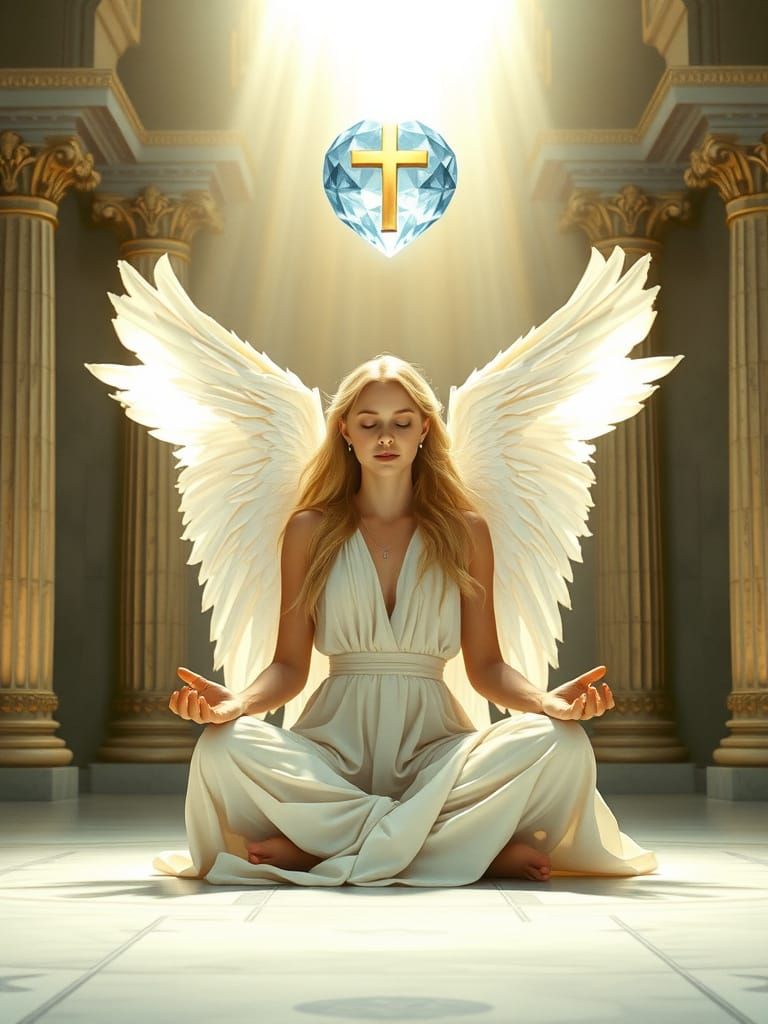 Meditative Angel in Temple with Diamond Cross