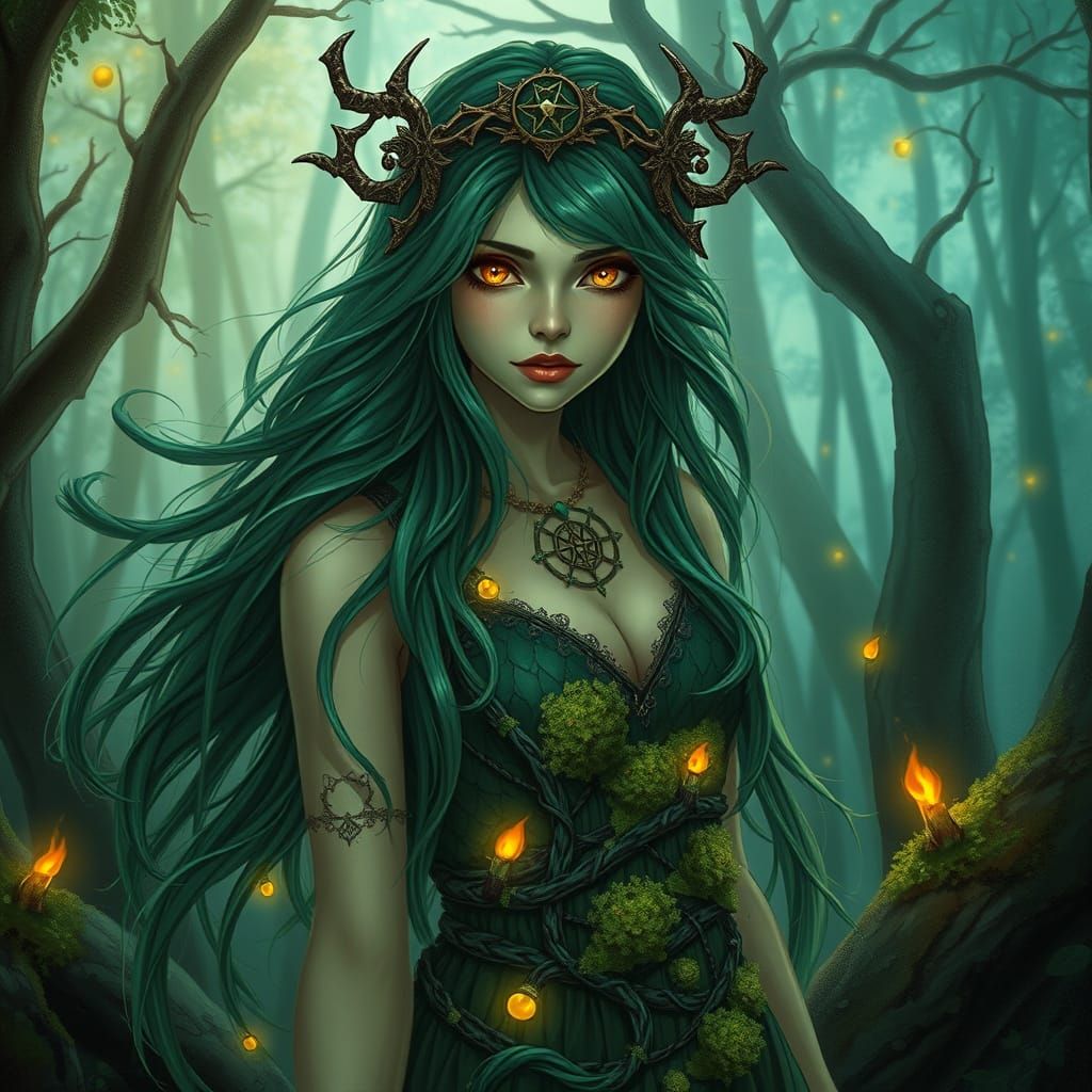 Enchanting Sorceress in Art Nouveau Forest