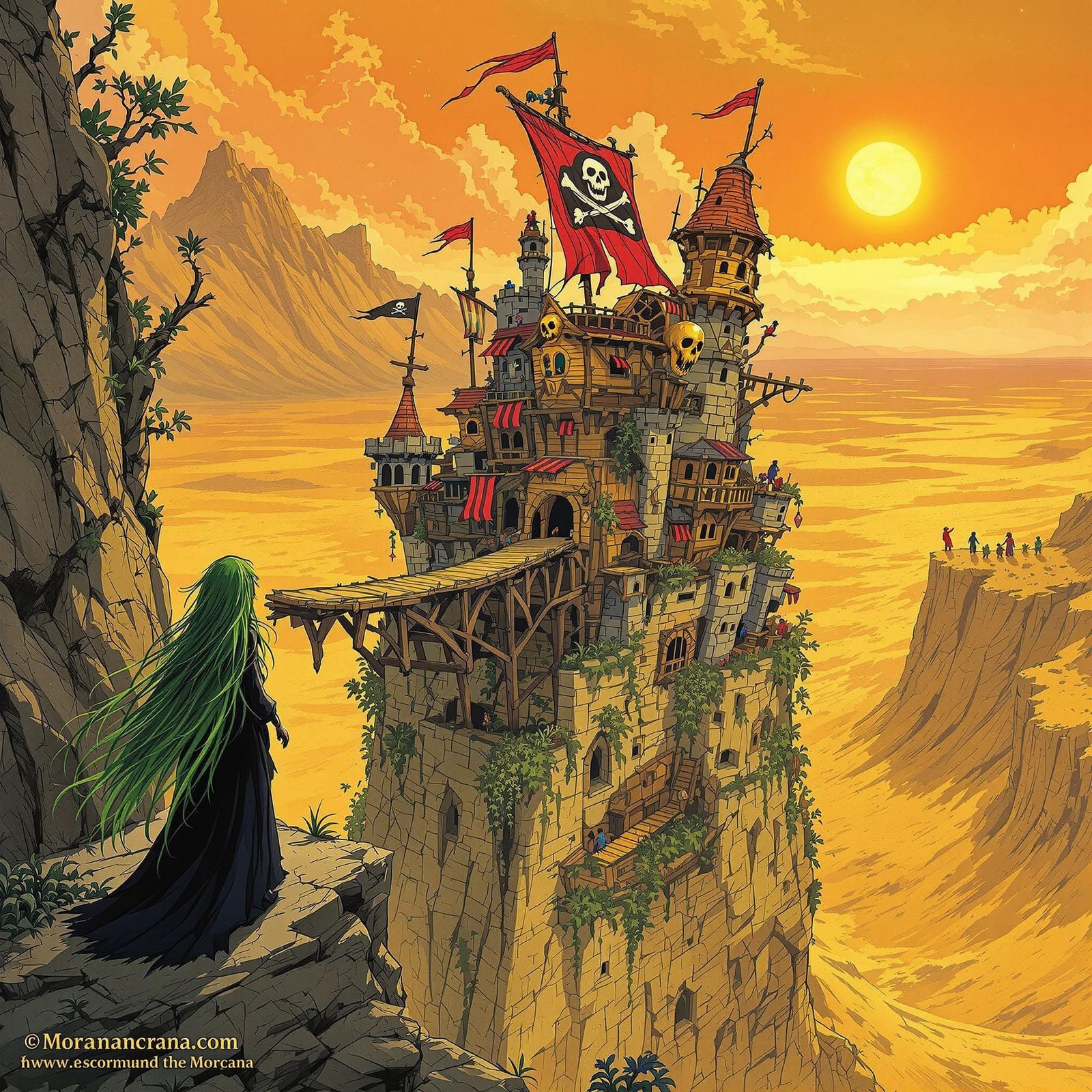 Mystical Witch Visits Pirate Castle in Desert Landscape