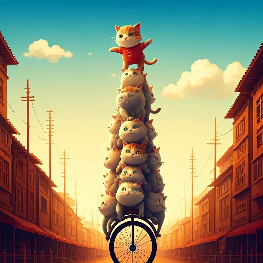 Charming Storybook Cats Perform Acrobatics on Unicycle Pyram...