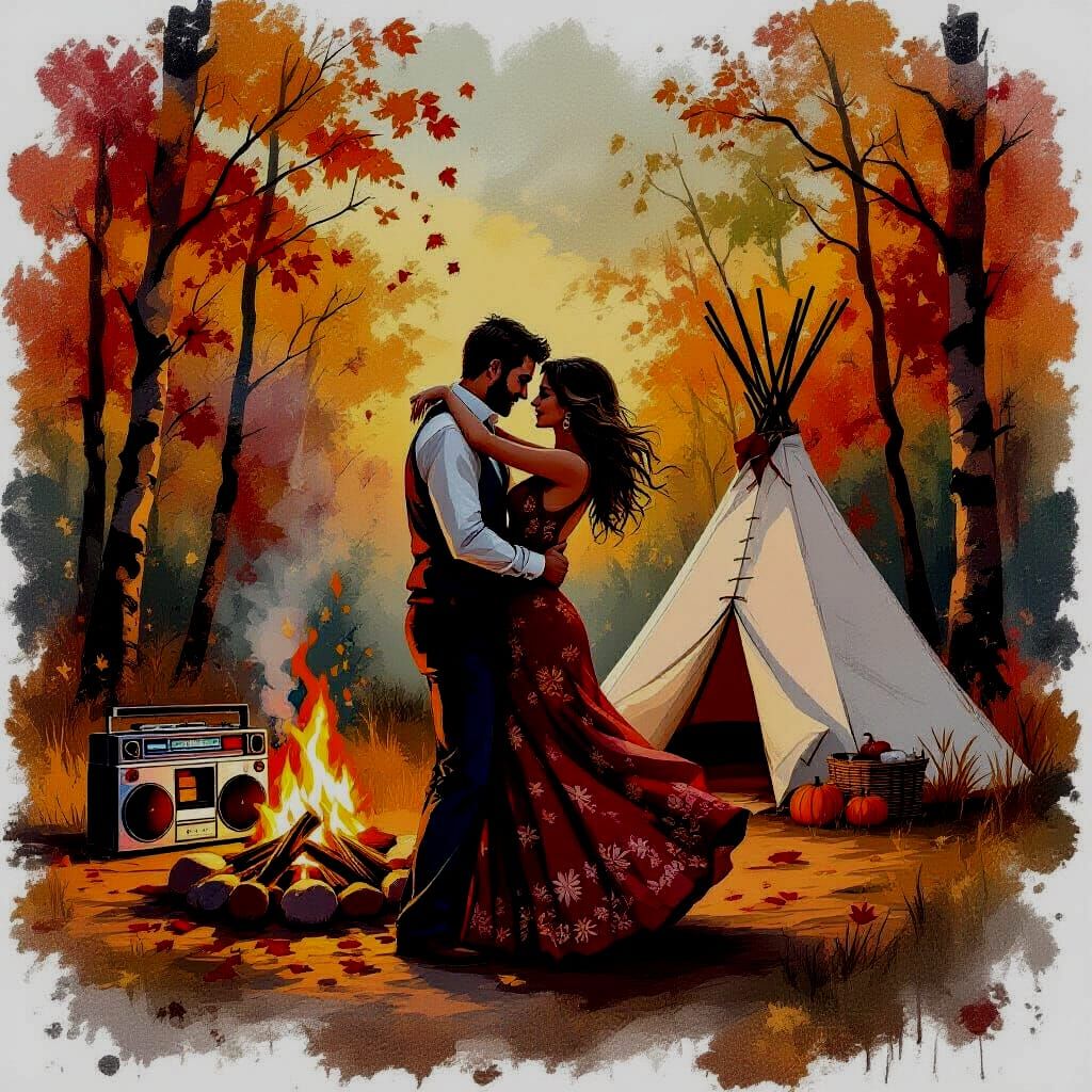 Romantic Autumn Dance by Campfire: Mixed-Media Art