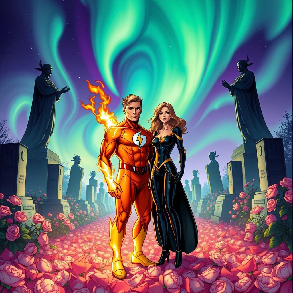 Human Torch and Black Canary in a Rose Petal Garden with Mem...