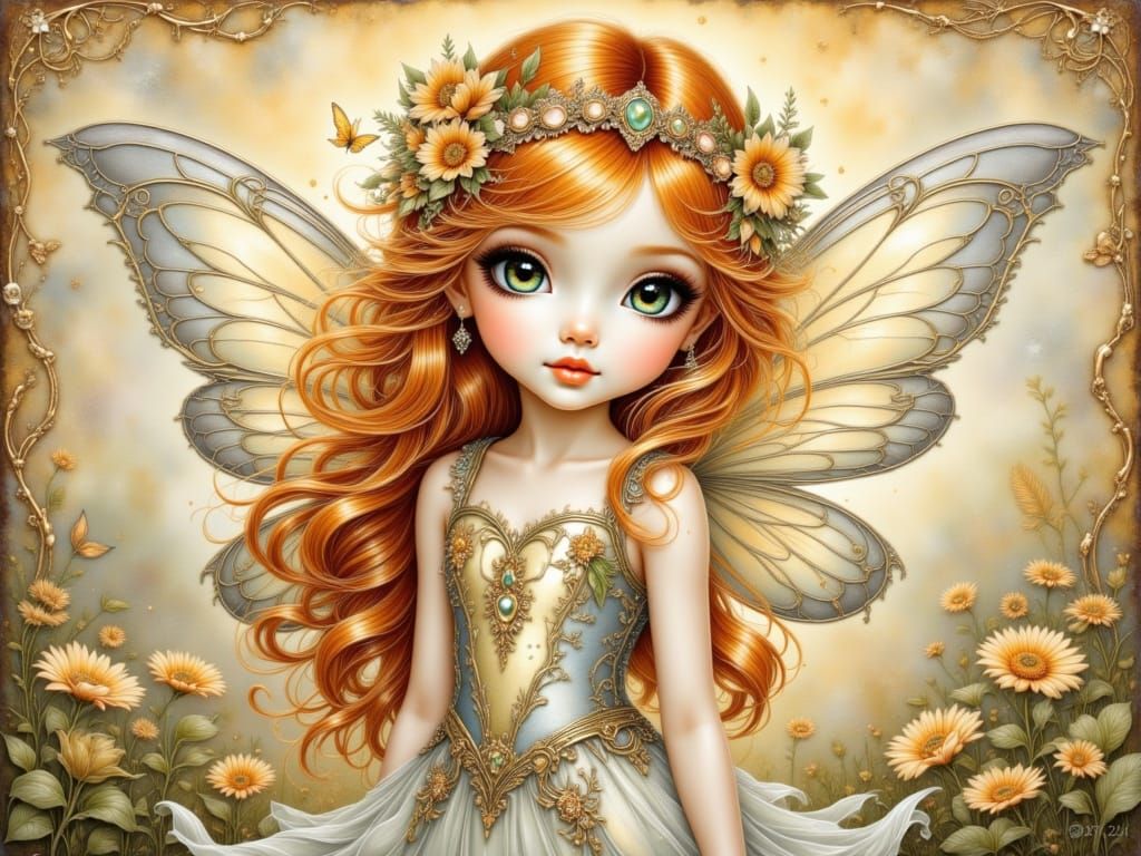 Art Nouveau Fairy with Red Hair and Gold Wings