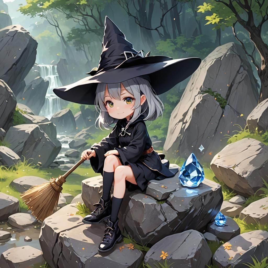 Adorable Anime Witch with Broom and Crystal