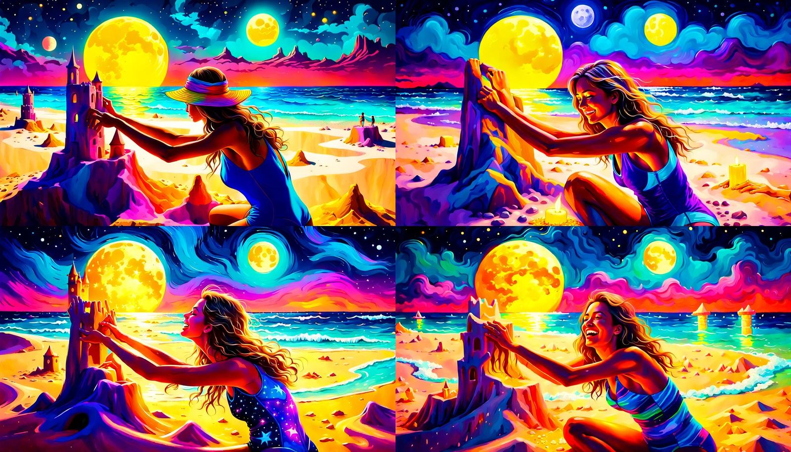 Moonlit Beach Sandcastles with Fluorescent Sand