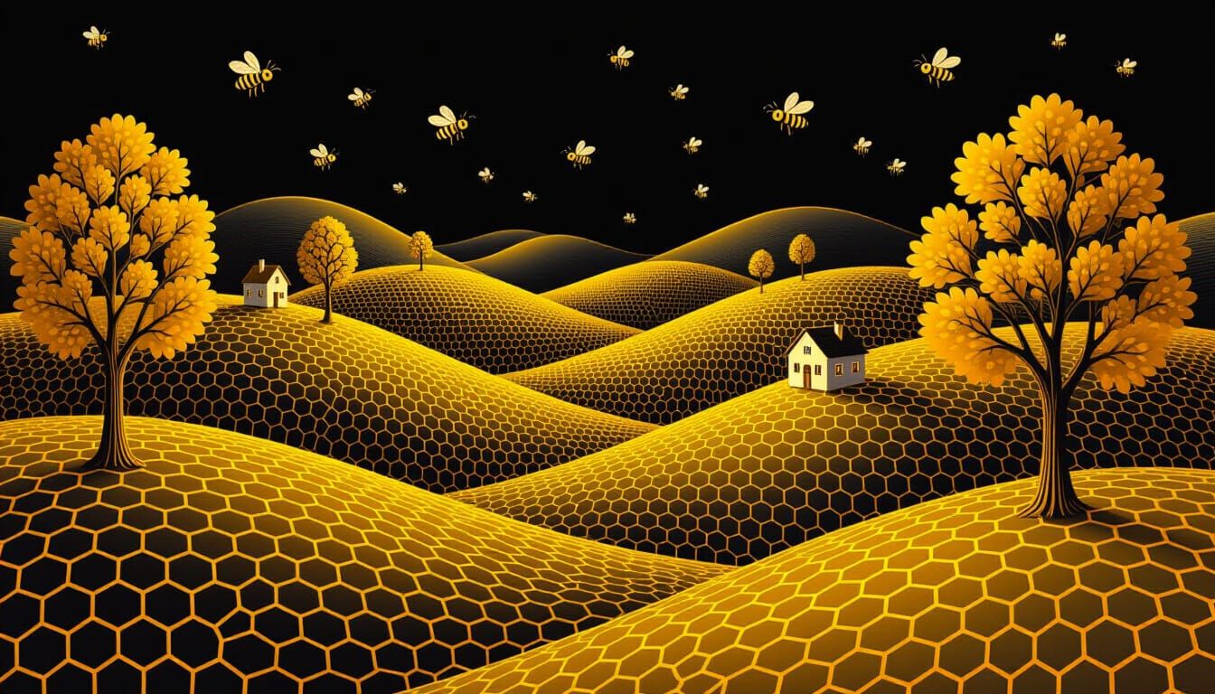 Surreal Honeycomb Landscape in a Dreamlike Style