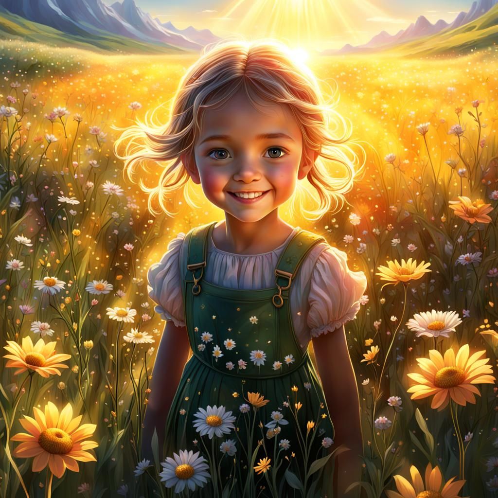 Radiant Child in Flower Meadow: Digital Matte Painting