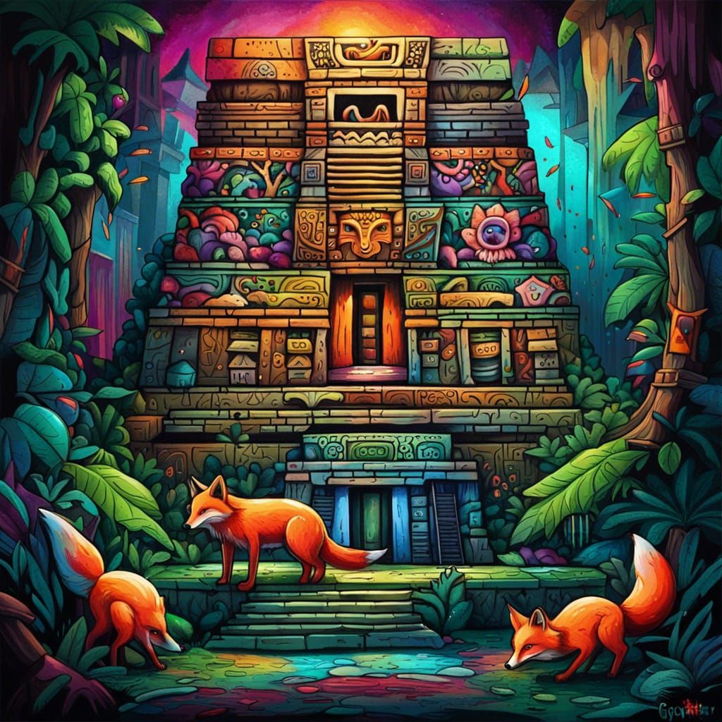 Mayan Jungle Temple Graffiti Art with Fox