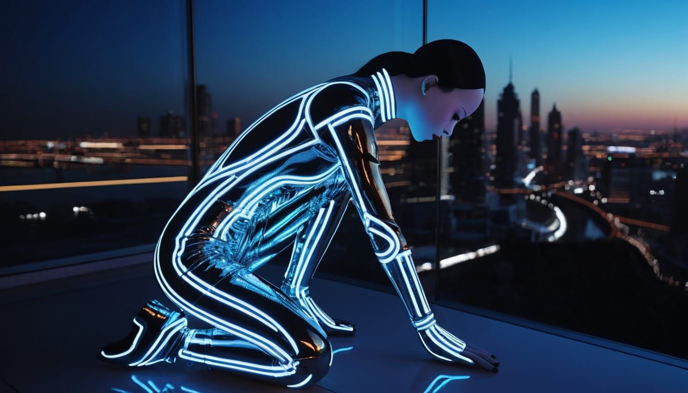 Porcelain Doll on Skyscraper Edge Under Neon Moon