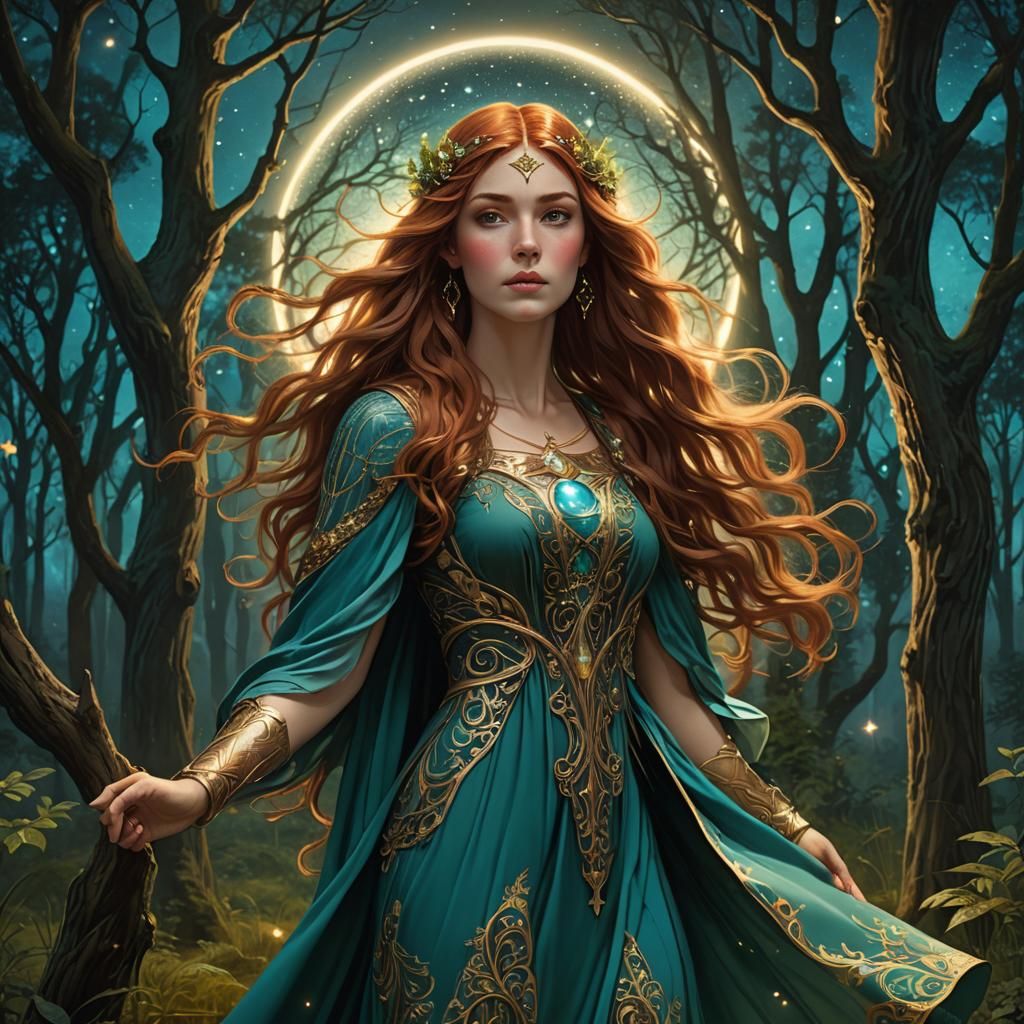 Forest Warrior Maiden in Art Nouveau Style