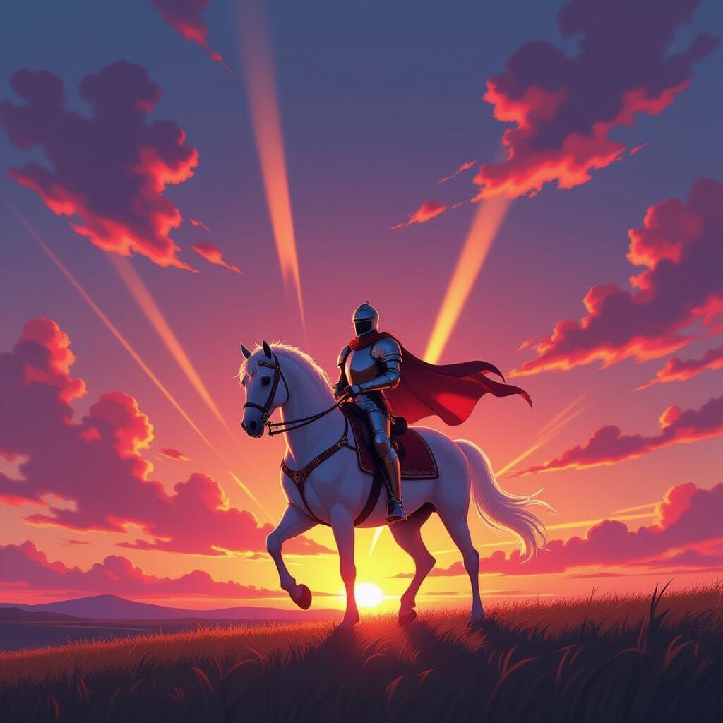 Knight on Horseback Enters Fiery Sunset in Anime Style