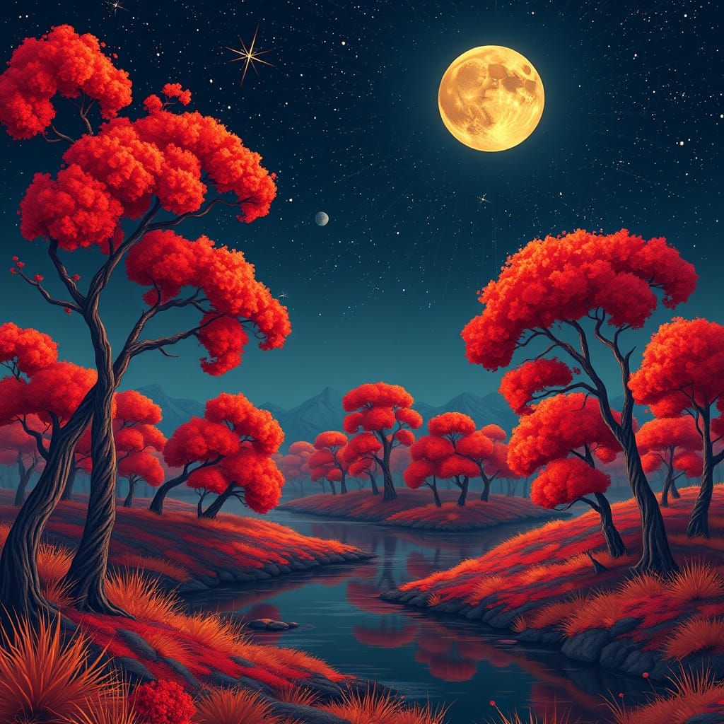 A vibrant, stylized landscape features bold, swirling trees ...