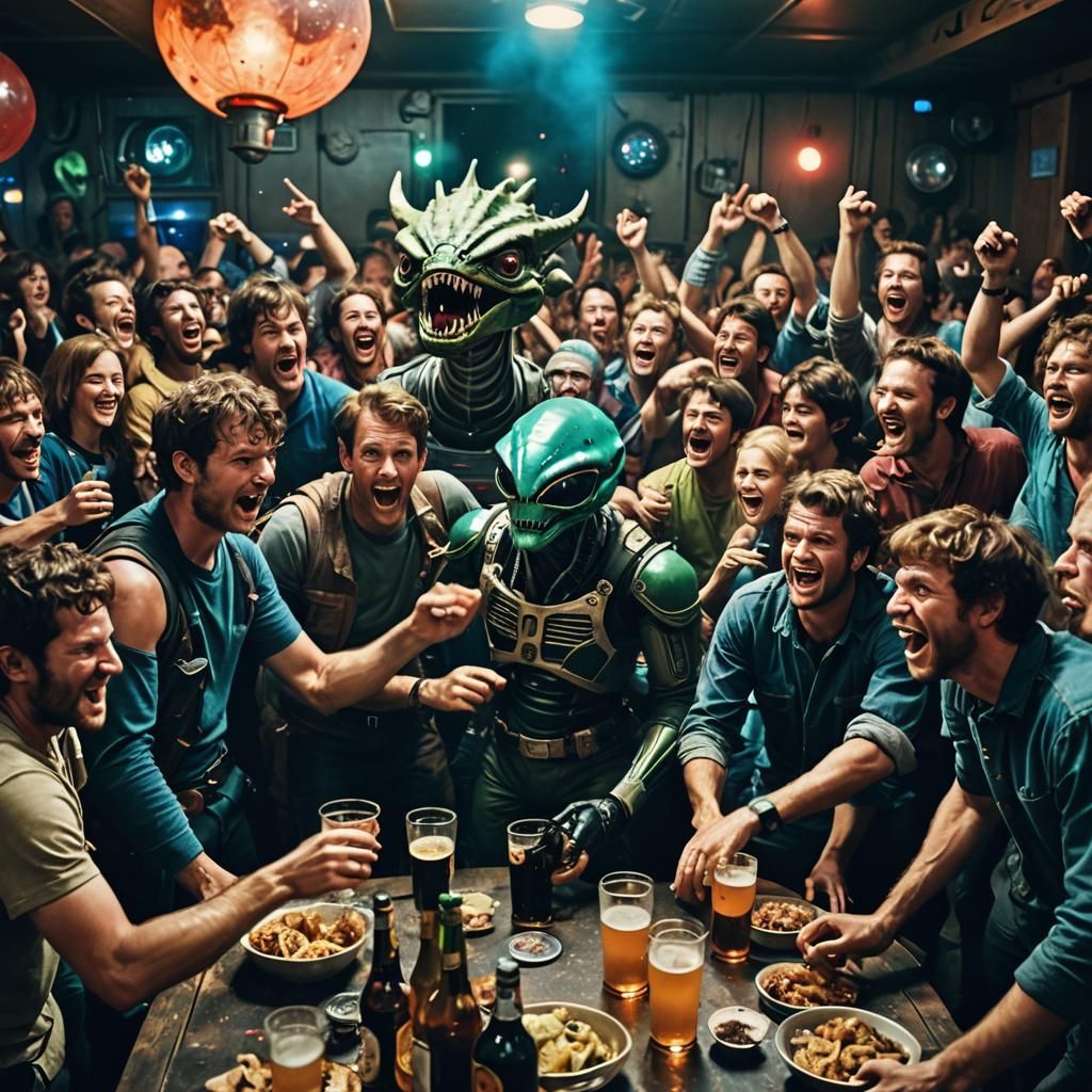 Intergalactic Party with Drunken Aliens in Cinematic Style