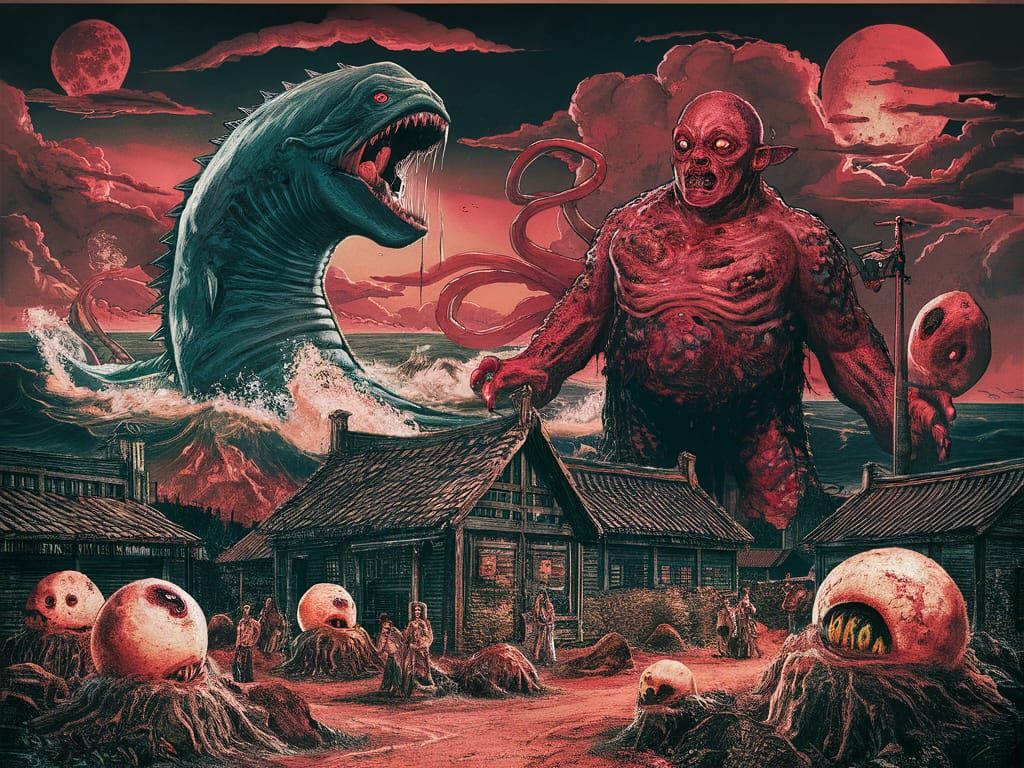 Retro Movie Poster: Asian Village Sea Monster Horror
