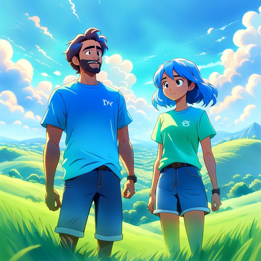 Couple on Sunny Hill in Vibrant 3D Anime Style