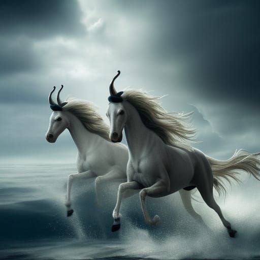 Winged White Horses Galloping: Epic Digital Matte Painting