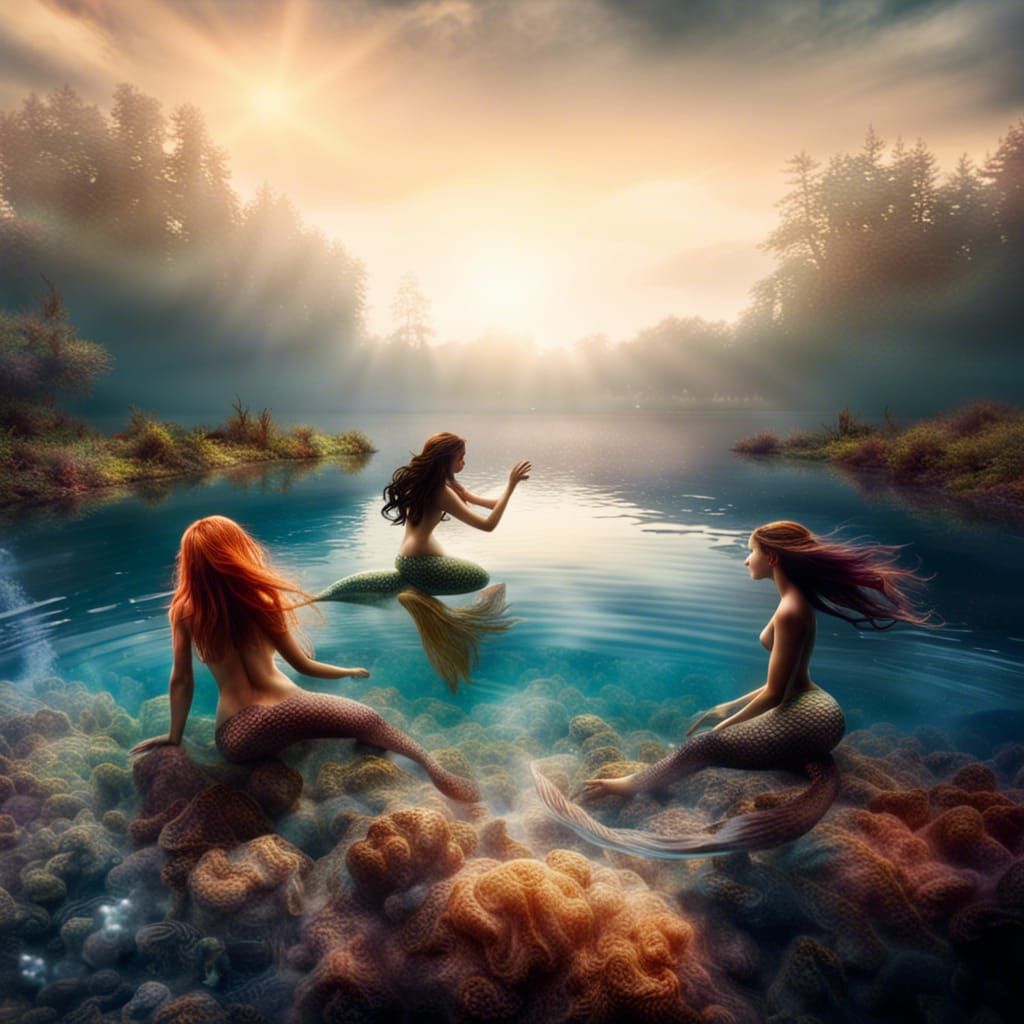 Hyperrealistic Mermaids Play in Lake: Sharp Focus