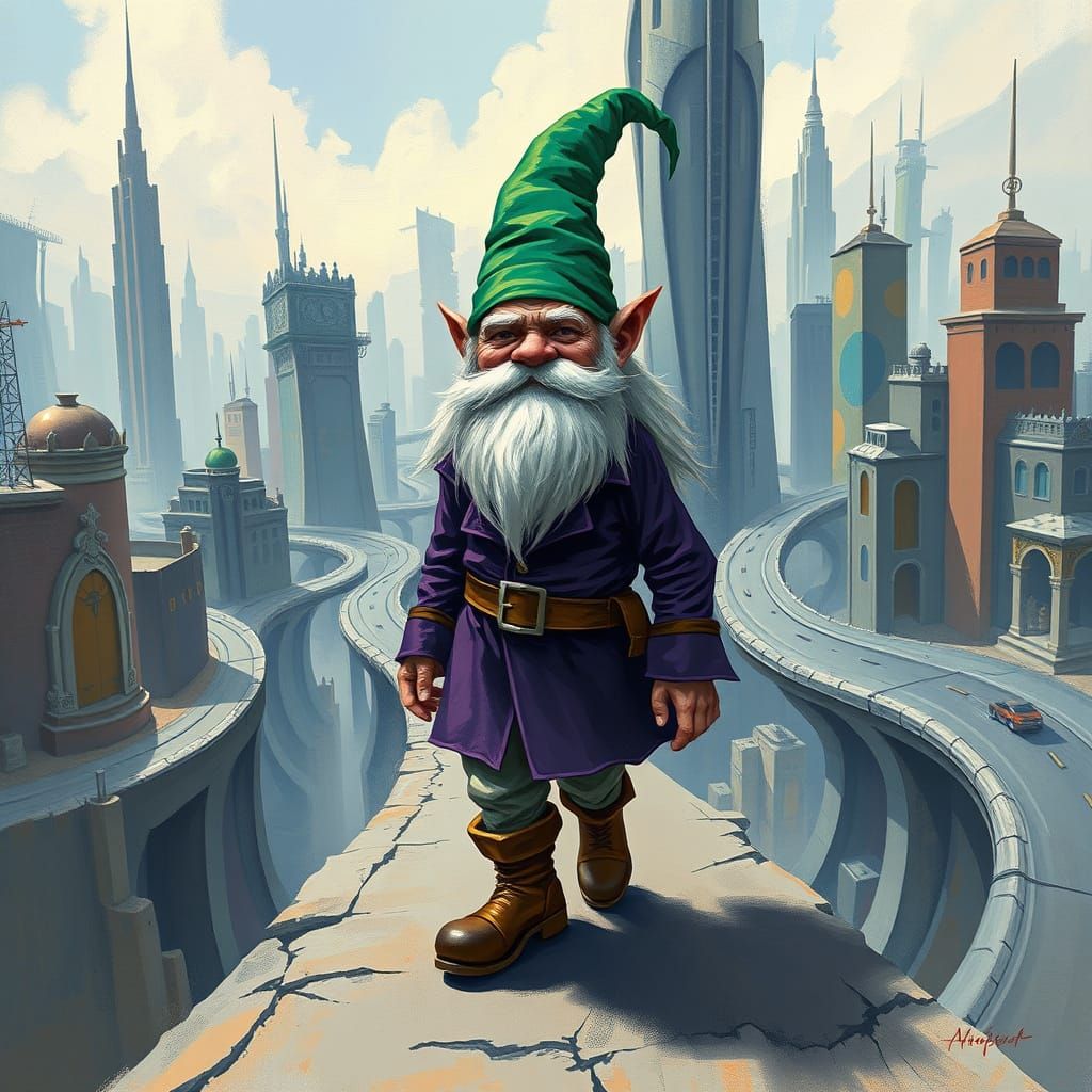 Gnome Strides Through Surreal Cityscape in Vibrant Style