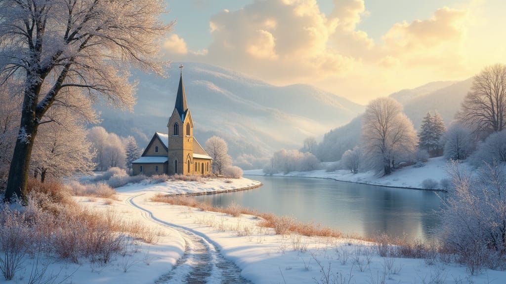 Peaceful Winter Church in Golden Hour Light
