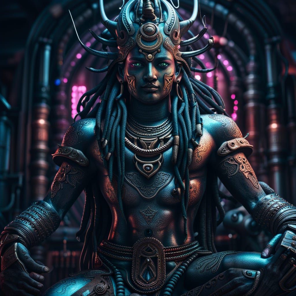 Cyberpunk Hindu God Shiva in Cybernetic Armor