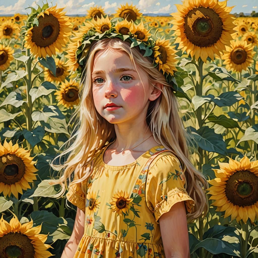 Girl Smelling Sunflowers in Impressionist Field