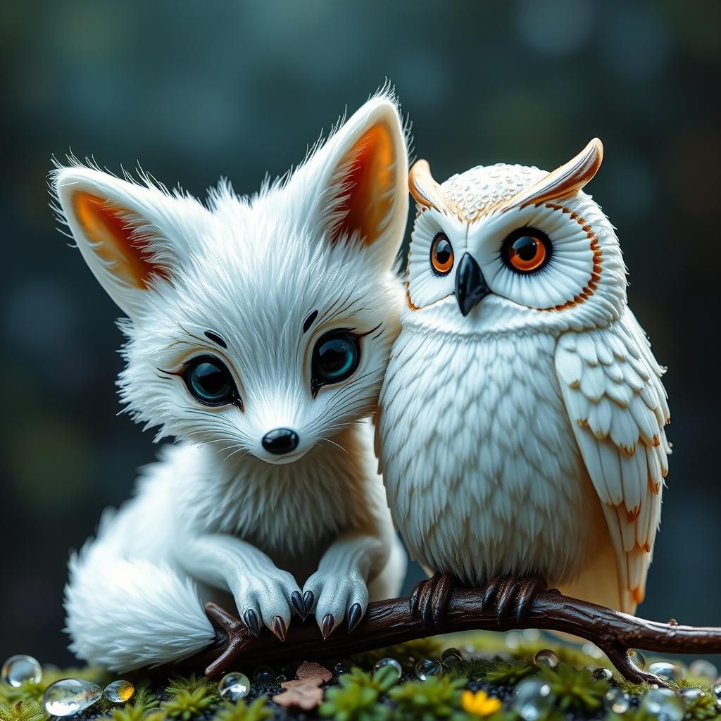 Enameled glass figurines of a Stunning baby white fox with big eyes with his best friend a baby white owl.  early mornin...
