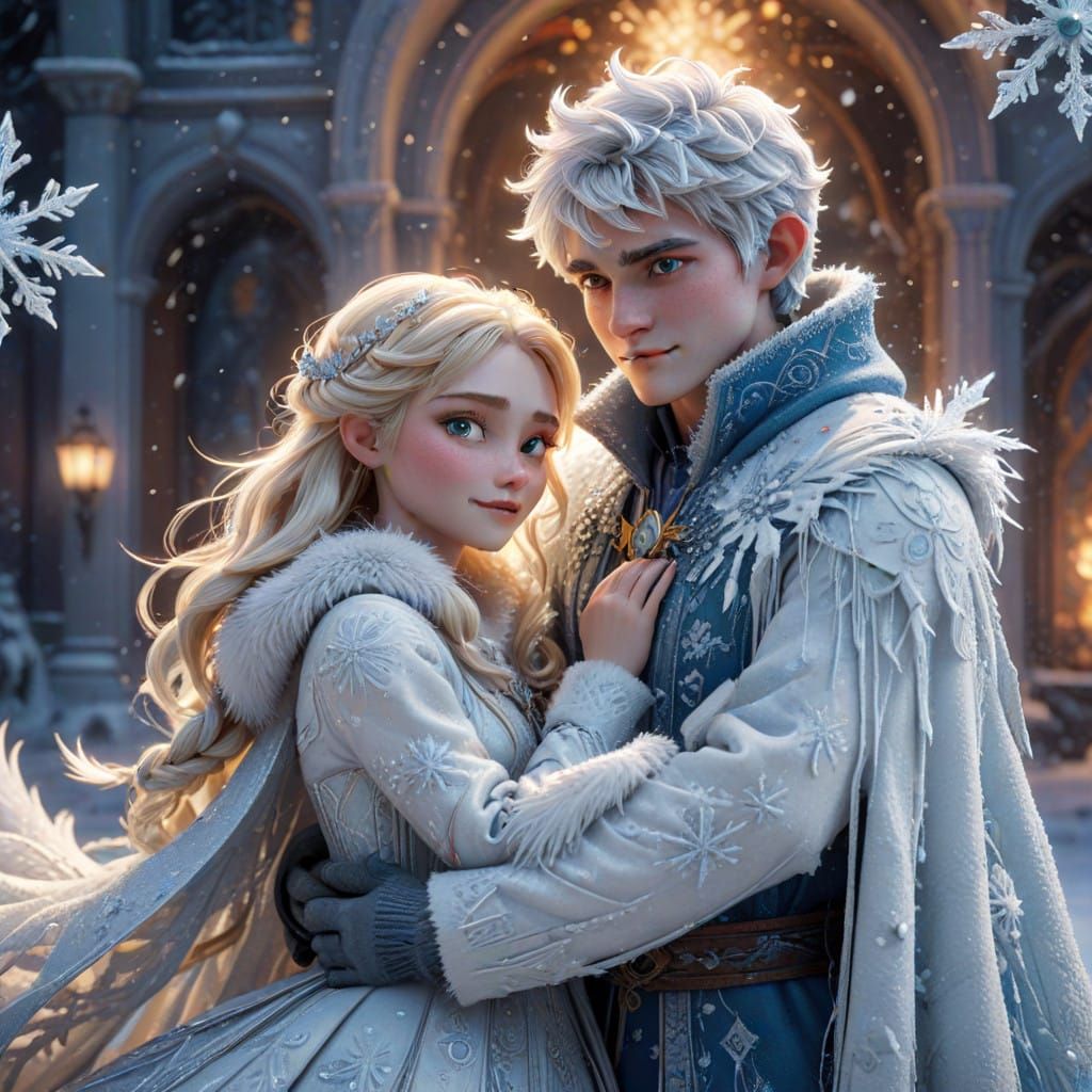 Youthful Jack Frost Cradles a Young Blonde Girl in Icy Aura