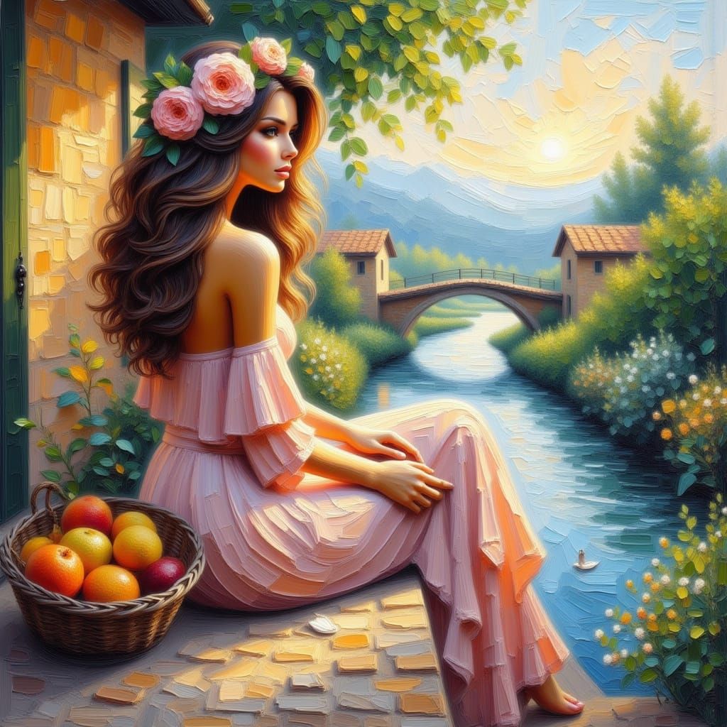 Woman by River in Dreamy Impasto Painting Style