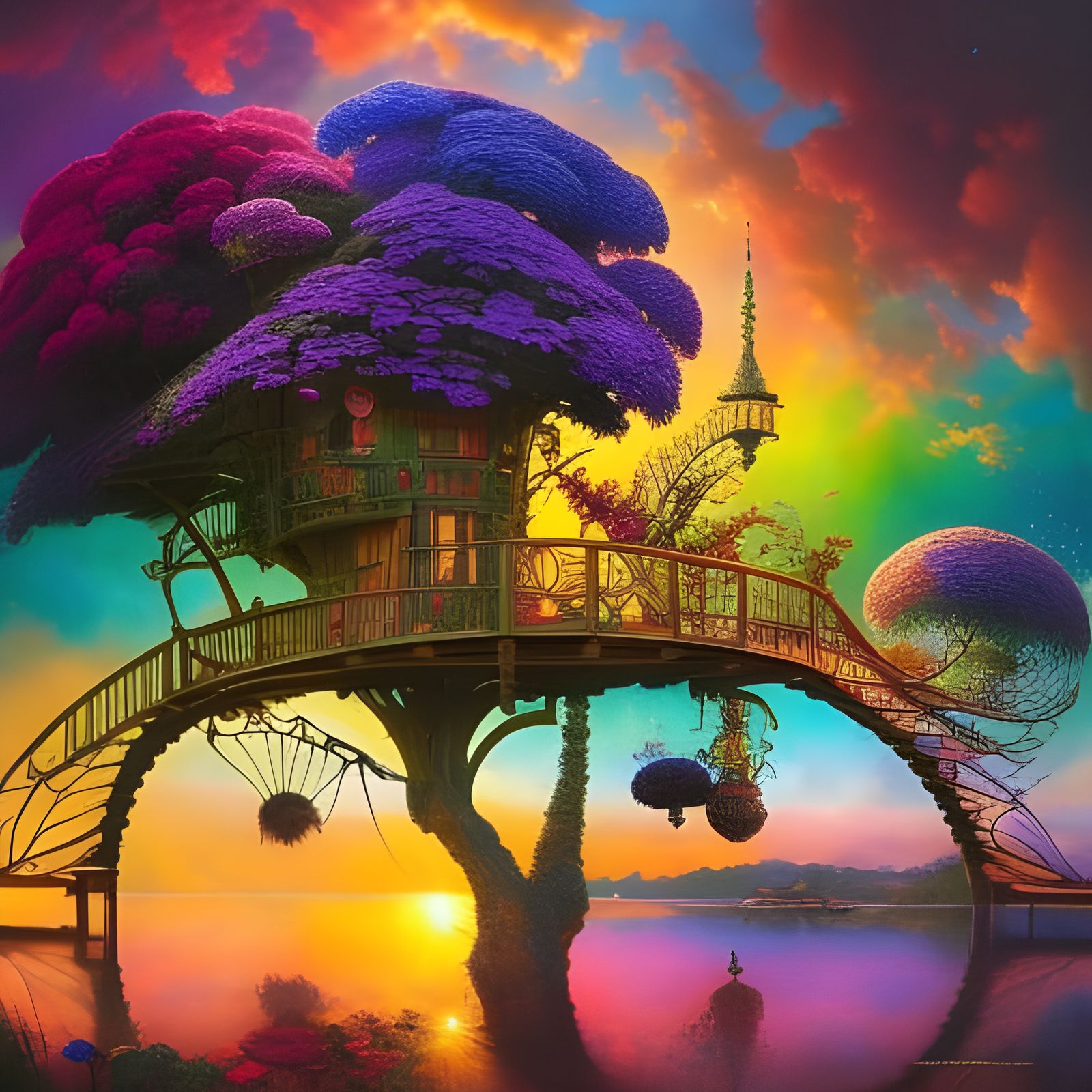 Rainbow Treehouse in Wildflower Garden at Sunset
