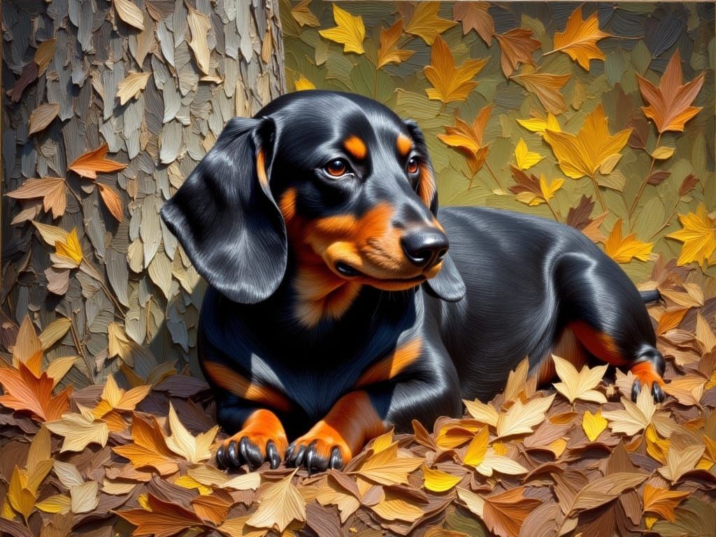Dachshund in Autumn Leaves Impasto Oil Painting