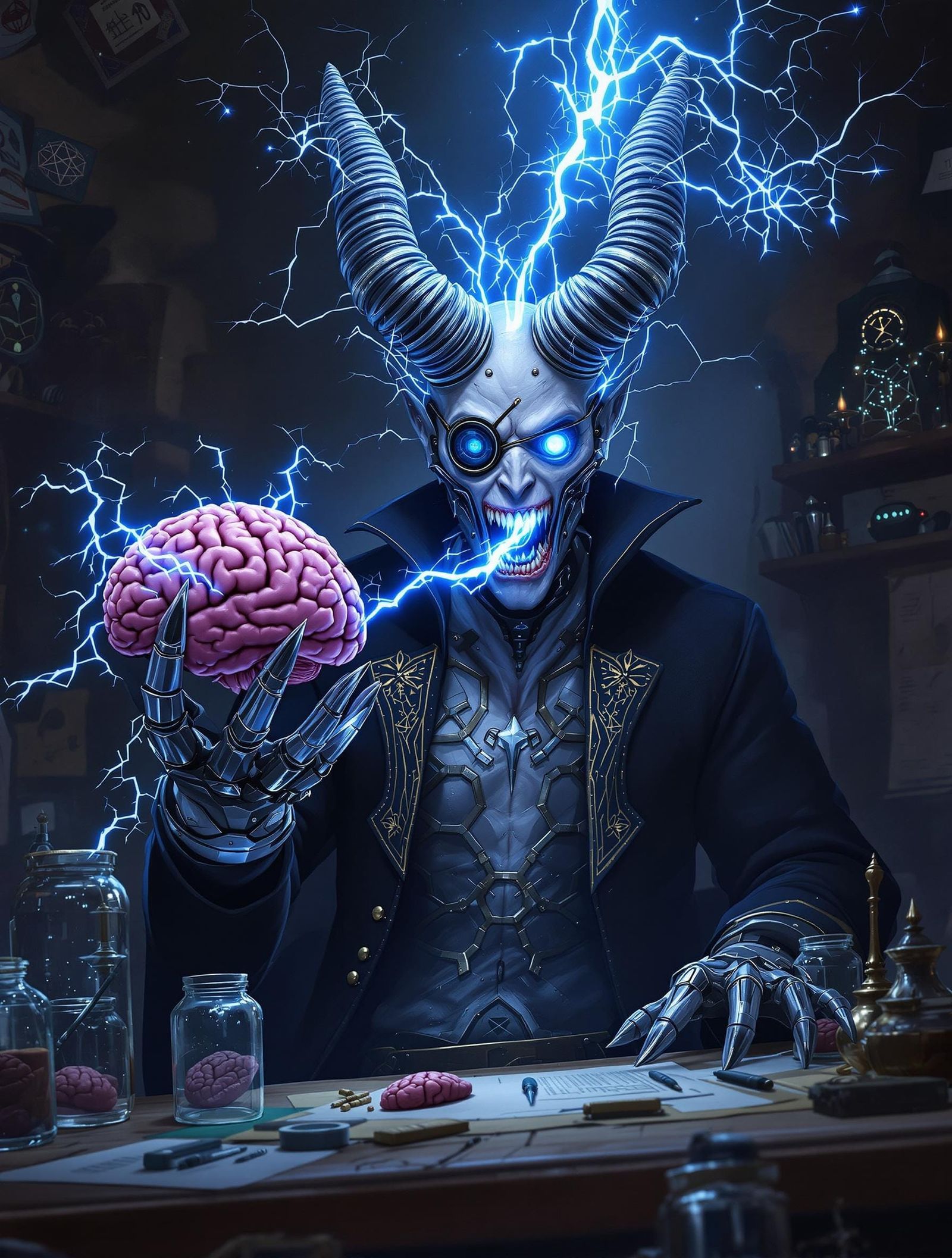 Tesla Coil Demon with Brain, Digital Illustration