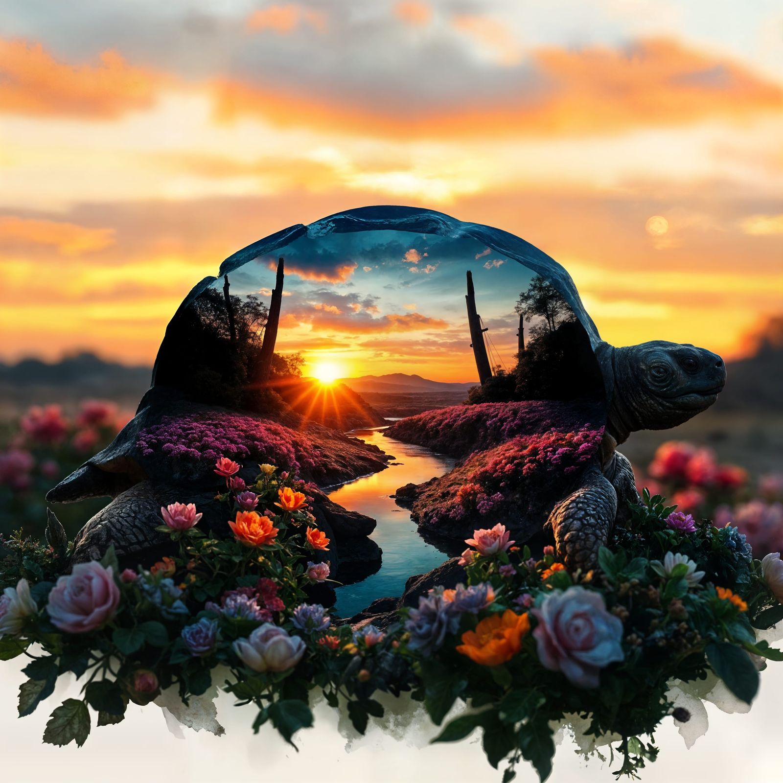 Double Exposure Tortoise Silhouette River Valley Painting