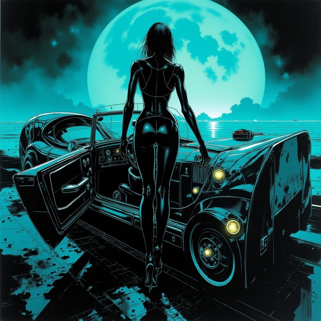 Futuristic Woman in Chrome Car, Syd Mead Style